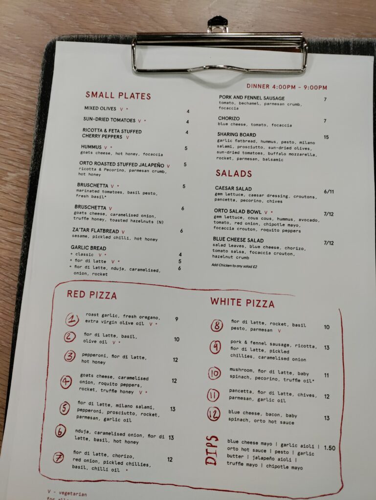 Full menu from ORTO Pizza Belfast